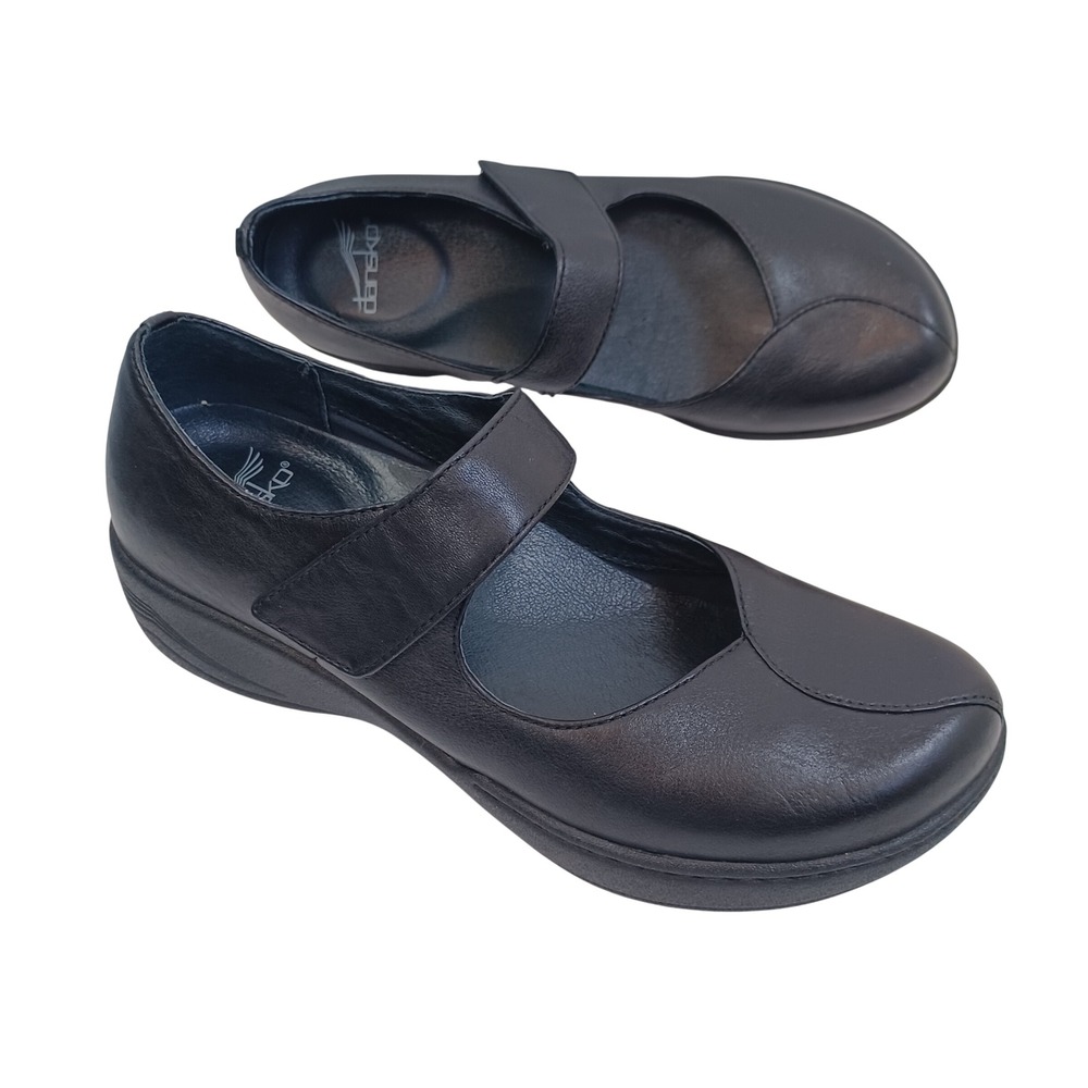 Dansko Womens Black Leather Mary Jane Hook Loop Comfort Wedge Shoes 39 or US 8.5